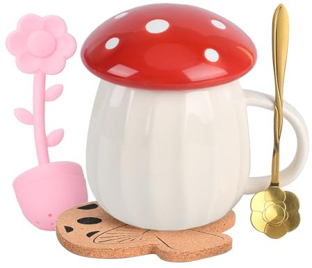 Mushroom Mug, Cute Coffee Mug with Lid, Flower Spoon and Mushroom Coaster, Kawaii Tea Cup with Tea Influser, Funny Mushroom Stuff for Milk, Gift for Women, Girl,Christmas, Birthdays