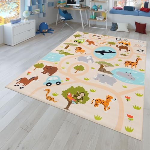TT Home Kinderteppich Babyzimmer Teppich Kinderzimmer rutschfest Tiere Weltkarte Autos, Farbe:Grün Gelb Creme, Größe:80x150 cm