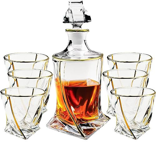 7-Piece Crystal Whiskey Decanter and Glass Set, Twisted Whiskey Decanter with Stopper, Gold Rim Whiskey Decanter Set, Liquor Decanter For Bourbon, Whiskey, Scotch, Rum, Tequila