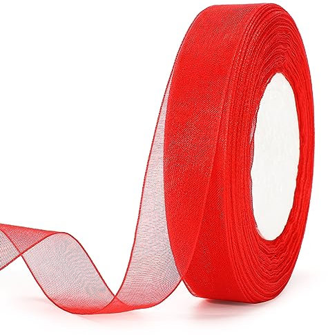 jijAcraft 20mm Transparent Organzaband Rot: Chiffonband für Geschenk 45m Schmal Tüllband für Schleife Transparent Geschenkband für Blumen Basteln, Weihnachtsbaum