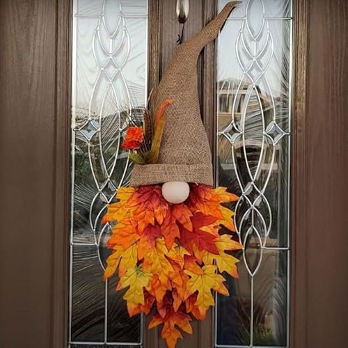 Fall Maple Gnome Wreaths Front Door Hanger - Fall Decorations Autumn Maple Leaf Wreath for Halloween Thanksgiving Harvest Decoration Indoor Farmhouse Wall Decor