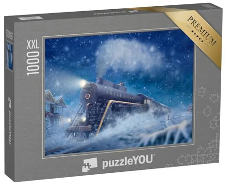 Puzzle 1000 Teile XXL „Polarexpress in Einer verschneiten Landschaft, Kleiner Junge, Mann auf dem Zug“ – aus der Puzzle-Kollektion Lokomotive