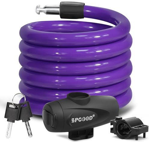 SPGOOD 1200mm/12mm Bike Lock with Mounting Bracket, Steel Cycling Cable Lock, High Security, Lightweight Coiling Cable Lock for Bike, Scooter, Skateboard, Gate, Door (Purple)