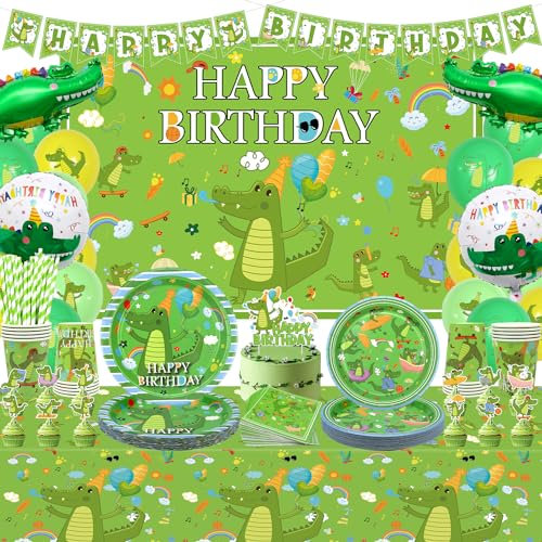 Obussgar Crocodile Birthday Party Decorations - Cartoon Crocodile Party Supplies including Banner, Backdrop, Cake Toppers, Plates, Cups, Napkins, Balloons, Tablecloth for Birthday Party - Serves 20