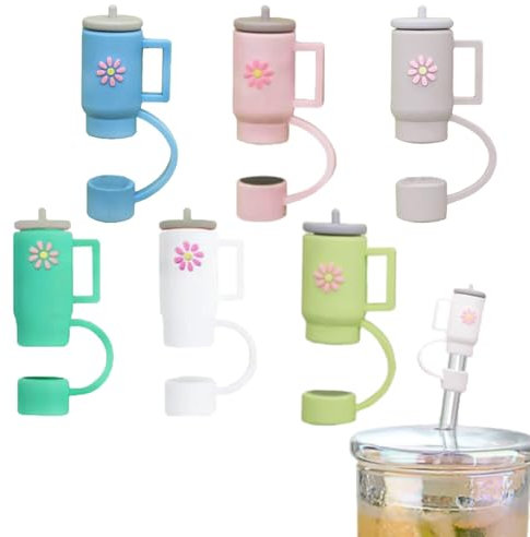 RXKFIGX 6 Stück Cup Shaped Straw Cap Staubschutzstopfen Entzückende Silikon Strohhalm Abdeckung Wiederverwendbare Trinkhalm Straw Stopper Safe Food Grade Silicone Straw Cap für Dekor 10mm Strohhalme