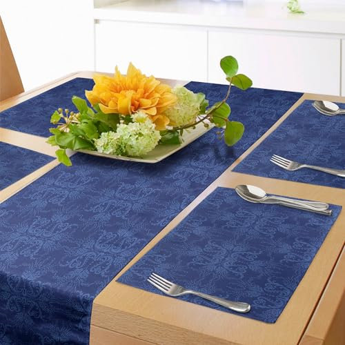 ABAKUHAUS Navy blau Tischläufer & 4 Stück Tischsets, Antiker Damask Viktorianischer Verzierung Blumen Inspiriertes Muster, Tischdeko-Set, 180 x 40 cm, Blau