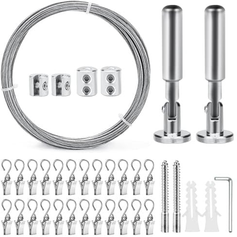 Erzekrim 5M Edelstahl Vorhang Seil Vorhang Draht Schwerlast Wandhalterung Set Gardinenseil Wäscheleine mit 24 Stück Metall Clips Haken für Vorhang, Wäscheleine, Duschvorhänge (Silber, mit Metallclip)