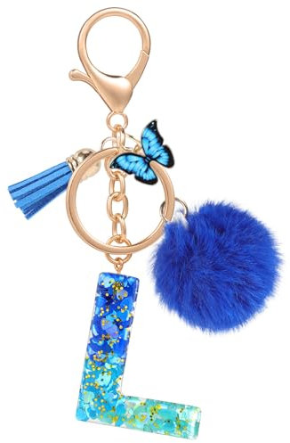 MWOOT Name Buchstabe L Schlüsselanhänger, Blau Schlüsselband für Damen, Harz Schlüsselringe für Tür Auto Schlüssel Handtaschen Deko