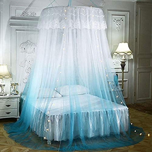 Princess Dome Moskitonetz Doppelbett-Baldachin mit LED-Lichterkette, hängendes Bettzelt mit Spitzenfarbverlauf für Einzel- bis Kingsize-Betten, ideal für Schlafzimmer, dekorativ, Blau