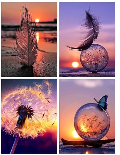 KiKiHong 4 Piezas Diamond Painting Kit Completo,DIY Diamond Painting Diente de León,Pintura de Diamante Atardecer,Decoracion pared,Adecuado para principiantes (30 x 40 cm)