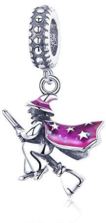 Ciondoli Charm Strega Magica in Argento Sterling 925,Ciondolo con Strega di Halloween in Smalto Viola per Bracciali Pandora