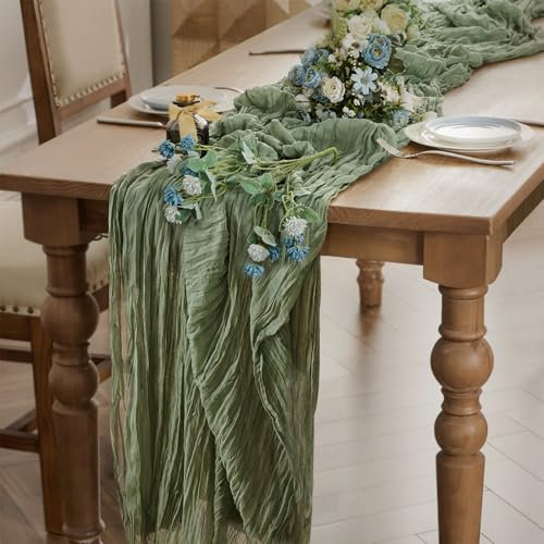 WAITER TREE Cheesecloth Table Runner 2pcs for Dining Table Sage 90x300 cm - Boho Gauze Long Rustic Sheer Table Runners for Baby Bridal Shower Wedding Birthday Decorations - Sage Green