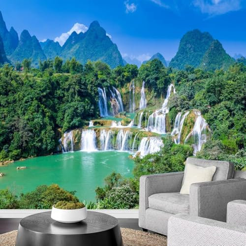 Mountain Waterfall Wall Mural Wallpaper, Midst Green Wall Murals for Bedrooms, Flowing Lake Murals Wall Art Wallpaper, Natural Landscape Canvas Mural for Office Study Room Home Decoration - 200x170 cm