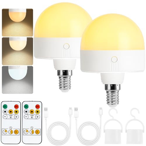Psatfito Rechargeable Light Bulb with Timer and Remote, Dimmable Battery Light Bulbs with Magnetic Base, E14 Detachable Charging LED Bulb, Non Hardwired Lamps with 3 Color Temperatures, 2 Packs