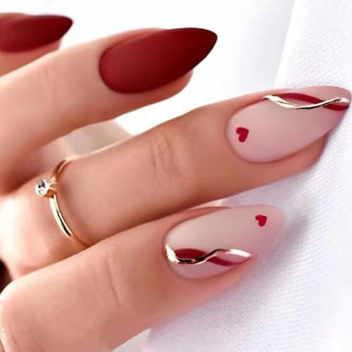 Valentine False Nails Almond, SXVE Matte Dark Red Press On Nails Short With Heart Desgin, Swirl Full Cover Natural Fake Nails Press ons Valentine Glue On Nails Stick on Nails For Women 24 Pcs