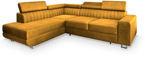 Masseno Ecksofa NOLA L-S mit Schlaffunktion L-Form, Klassisch Sofa mit Bettkasten, Wohnzimmersofa, Couch, Soffa, Bettsofa, Couchgarnitur - Gelb, Monolith 48