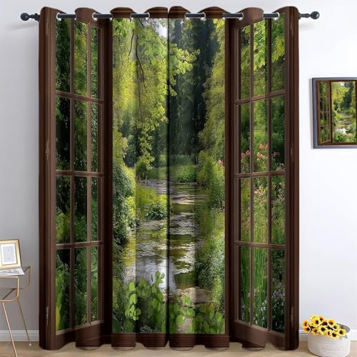 Forest Stream Blackout Curtains, Eyelet Header – 100% Blackout Thermal Insulated Drapes for Bedroom Living Room & Nursery, Set of 2 Panels W 66 x L 72 Inches, Brown Wooden Frame