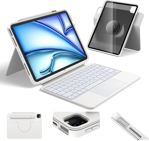 HOU Clavier Rotative pour iPad Air 11 (M3/M2) 2025, Coque Magnétique Détachable avec Clavier pour iPad Pro 11 (4e/3e/2e/1re Gén) et Air (7e/6e/5e/4e Gén), avec Pavé Tactile, Rétroéclairage - Blanc
