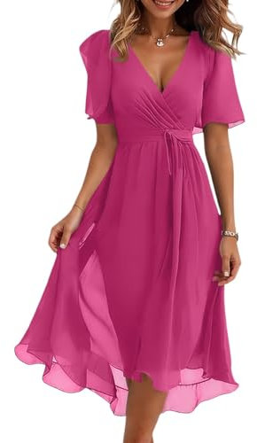 Robe Femme Chic Et Elegant Mariage Été Robe Fluide Boheme Courte col en V Vetement Femme Ete Chemise Chiffon Manches Courtes Summer Dress Et Ventes Flash Rose Vif L