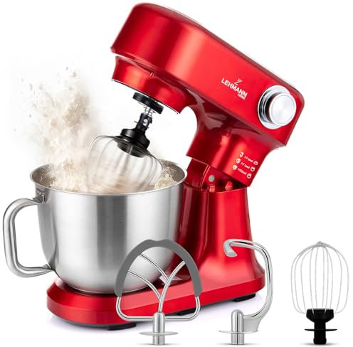LEHMANN Küchenmaschine mit Zubehör-Set, 1500W, Rührmaschine mit 12 Geschwindigkeiten, 5L Rührschüssel, Überhitzungsschutz, Rutschfest, Knetmaschine mit 3 Rühreinsätze und Spritzschutz, Rot