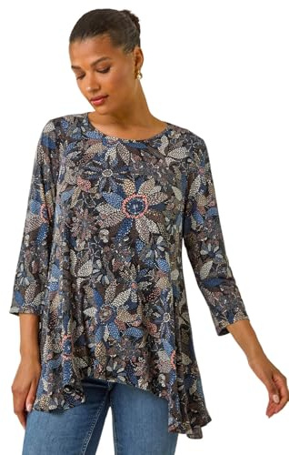 Roman Originals Hanky Hem Tunic Top for Women UK - Ladies Longline Blouse Asymmetric Hemline Casual Slouch Loose 3/4 Sleeves Round Neck Relaxed Comfortable Holiday - Blue Floral - Size 18