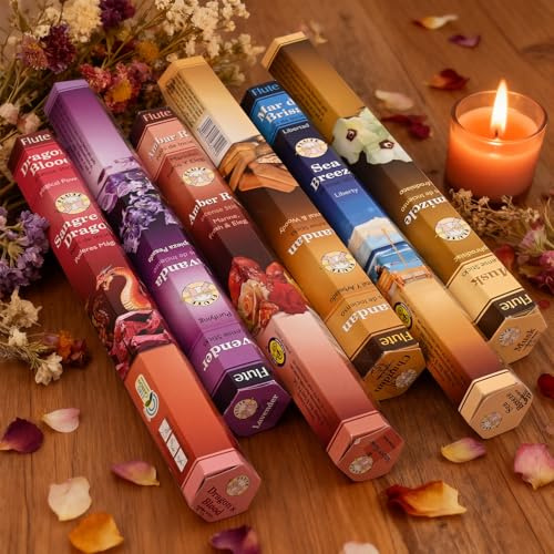 SKUTZTEK Räucherstäbchen Set, 120 Sticks(6 Boxen je 20 Stück) Intensiver Duft und Lange Brennzeit, für Yoga, Meditation und Entspannung (Adlerholz Lavendel Meeresambergris Bernstein Rose Moschus)