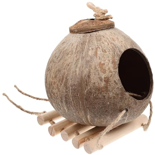 GARVALON Natürliches Kokosnuss Schalen Vogelbett mit Leiter Hängendes Nistkasten Vogelhaus für Papageien Sittiche und Kleine Vögel Multifunktionales Zubehör Dekorativ und Praktisch