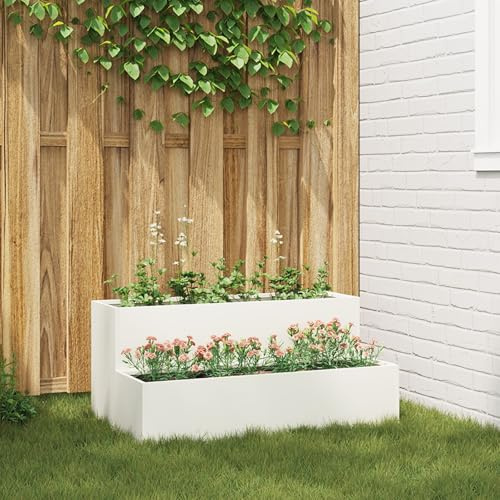 SKTQYQO Jardinière de jardin à 2 couches, 100 x 60 x 45 cm, blanche en plastique synthétique pour plantes, design moderne avec drainage efficace et construction robuste pour l'extérieur, idéale
