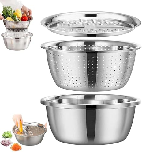 Germany-Designed 5-in-1 Multifunctional Stainless Steel Basin Set with Grater, Strainer, Drain Basket & Salad Maker – Premium Kitchen Mixing Bowl for Vegetables, Fruits, and Pasta (26CM)