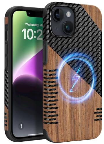ZZDZZ Magnetisch Hülle für iPhone 13 Mini Hülle 5,4 (Twill Holz) | ZZDZZ Hülle [Kompatibel mit MagSafe] Holz und Carbon Leder Design Handyhülle Stoßfest Schutzhülle