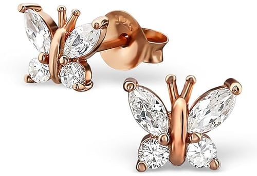 Monkimau Mädchen Ohrringe Schmetterling Ohrstecker aus 925 Sterling Silver echt Silber mit 8 Kristallen rose Gold plattiert