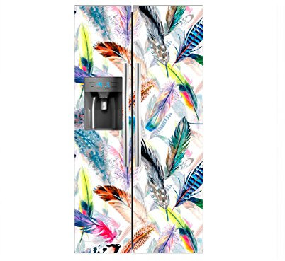 Vinilo Frigorífico Americano Estampado Plumas Multicolor | 90x180cm | Varias Medidas | Pegatinas de Nevera Económicas y Elegantes | Vinilo Nevera