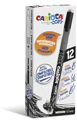 CARIOCA OOPS Black Erasable Pens Box of 12-0.7 mm Tip, Ergonomic Triangular Grip, Double Eraser, Heat-Sensitive Ink, Compatible Refills (12 Black Erasable Pens)