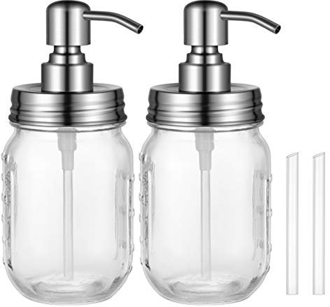 TOPBATHY Seifenspender mit Edelstahlpumpe Glas Flüssigseifen-Spender für Küche Badezimmer Shampoo Öle Lotionen , 2er set 450ml