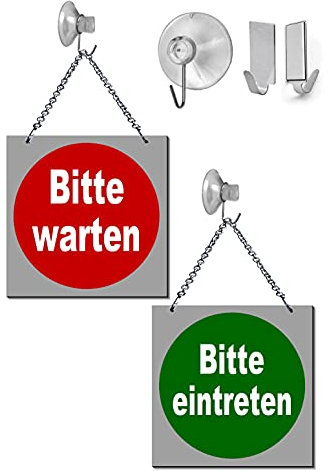 Desi-Schilder Bitte warten-Bitte eintreten-Wendeschild-150 x 150 x 2 mm-Hängeschild-Schild-Aluminium-Mit Kettchen, Saughaken od. Klebehaken (139-22 mit Saughaken)