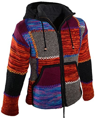 Kunst und Magie Damen Strickjacke Goa Wolle Jacke mit Fleecefutter mit Abnehmbarer Zipfelkapuze, Größe Damen:38