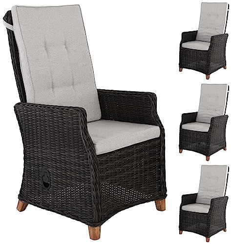 Raburg Gartenstuhl 4er-Set Relaxsessel/Hochlehner, Funktion, stufenlos verstellbar, Alu und Polyrattan, Sitz- & Rückenkissen, Füße Akazie, Lena, Grau/Steingrau
