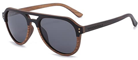 WOODONLY Pilotenbrille Holz Polarisierte Sonnenbrille - Mode Stil Hölzerne Sonnenbrille mit Bambus Etui für Herren und Damen Perfekte Geschenke (Walnuss+Ebenholz)
