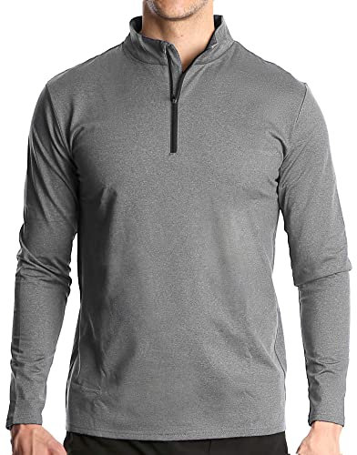 Men's 1/4 Zip Sports Long Sleeve T Shirt Casual Golf Running Quick-Dry Polo Shirts Outdoor Warm Hiking Fishing Sweatshirt Breathable LightGrey L
