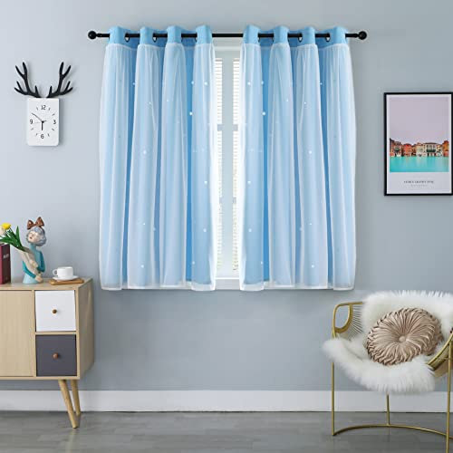 GIRASOLE HOME® Coppia Tende Doppio Velo Oscuranti Morbide Fantasia Stelle Vuote Tenda Isolante per Camera e Cameretta Bambini 2 Pannelli con Occhielli (140x145cm, Celeste)