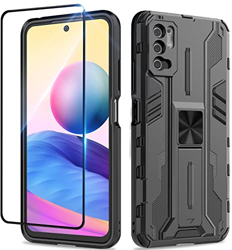 Btstring Funda para Xiaomi Redmi Note 10 5G con Cristal Templado Protector Pantalla, Carcasa Protectora Antigolpes con Soporte Reforzado- Negro