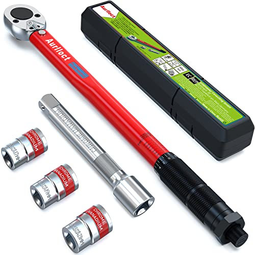 Aurlloct Clé Dynamométrique 1/2 28-210 Nm, Clé de Torsion pour Autos Camion Motos 5 Pièces Rouge