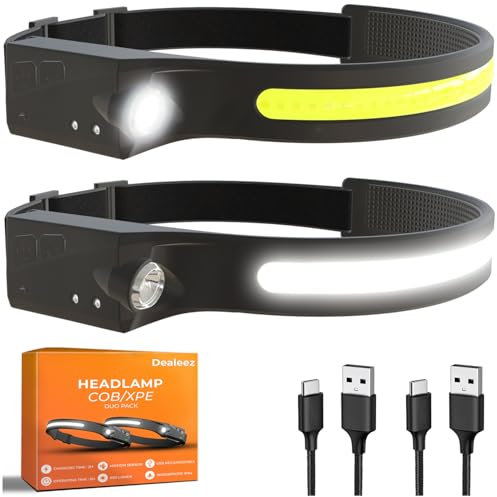 Dealeez 2er-Pack Stirnlampe LED 600 Lumen USB C Wiederaufladbar Kopflampe mit 230° Breitwinkel-Leuchte 1200mAh Akku IPX4 Wasserdicht Ultraleicht 80g Bewegungssensor 5 Lichtmodi Ideal als Helmlampe