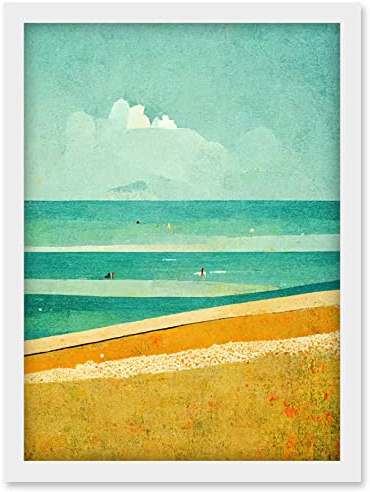 Doppelganger33 LTD Calm Sandy Beach Summer Scene In Ochre And Teal Minimalist Artwork Framed Wall Art Print A4