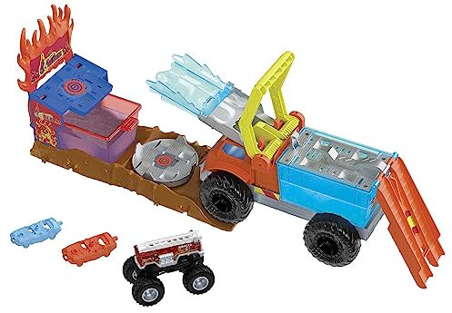 Hot Wheels Monster Trucks Arena Smashers Color Shifters Age 4+ 5-Alarm Rescue with 1 Color Shifter Monster Truck, 2 Crushable Cars and 1 Detachable Semi Rig, HPN73