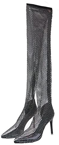 WOkismD Tacones de Aguja para Mujer Botas Altas hasta el Muslo Moda Sexy Malla Transparente Encaje Pedrería Vestido con Punta Estrecha Botas sobre la Rodilla Negro Claro Botas sin Cordones Delgadas