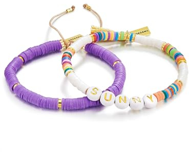 Yokoamii Damen Set (Armband 2er) Edelstahl gelbvergoldet 14 Karat Heishi Perlen lila weiß orange Sunny Perlenarmband