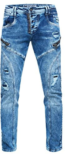 Rusty Neal Jeanshose 'Mori Limited-Edition Stretch Slim Fit Streetwear Jeans Reißverschluss-Design mit Offener Knopfleiste 239, Farbe:Blue Used, Größe Jeans L32:38W / 32L