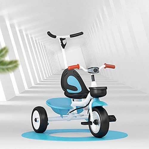 Kinderdreirad mit Lenkbarer Schubstange, 2 in 1 Kinder Dreirad ab 1 Jahr mit Gummireifen, Fußablage Abnehmbarer, Korb, Kinderdreirad Fahrrad für Kinder ab 15 Monaten (Weiß Blau)