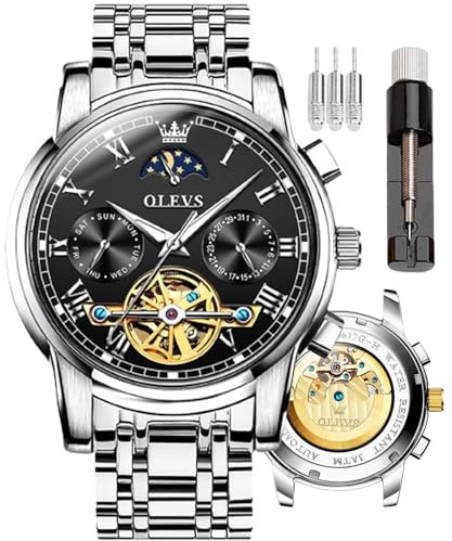 OLEVS Relojes automáticos para Hombre, Esqueleto mecánico, Cuerda automática, Reloj de Pulsera de Lujo, Fase Lunar, Fecha, Impermeable, Luminoso, Dos Tonos, Regalos, Cinturón Blanco y Cara Negra